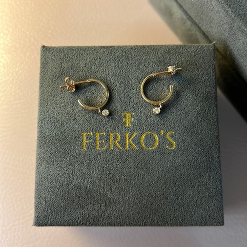 Ferko’s Fine Jewelry 14K Hoop with Dangling Diamond ROSE GOLD Huggie Ear…
